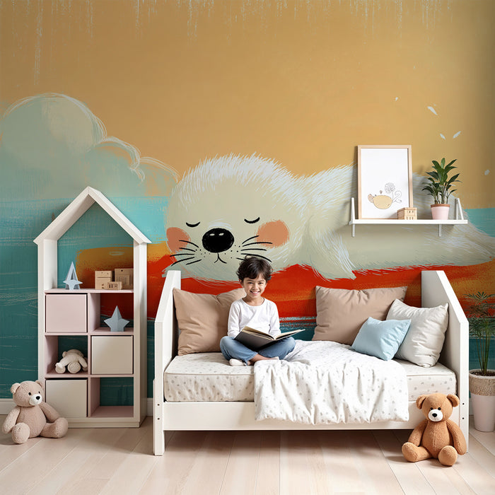 Babykamer behang | Schattige zeehond rustend op een oranje boei