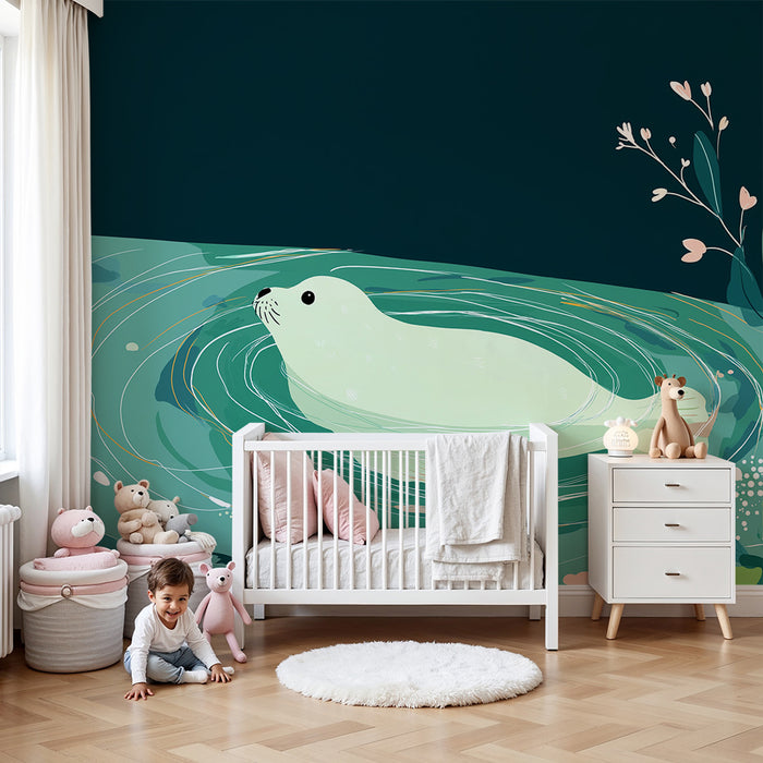 Papel de parede quarto bebê | Srčkana tjulenj pod luno v pomirjujočem vodnem okolju