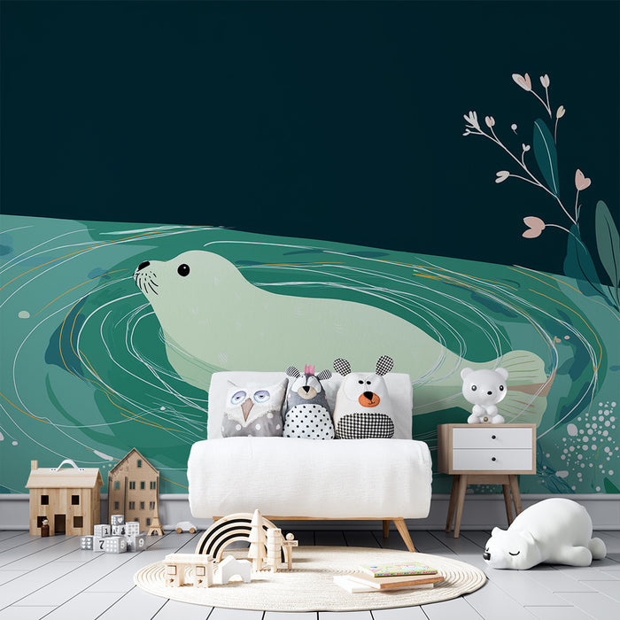 Papel de parede quarto bebê | Srčkana tjulenj pod luno v pomirjujočem vodnem okolju