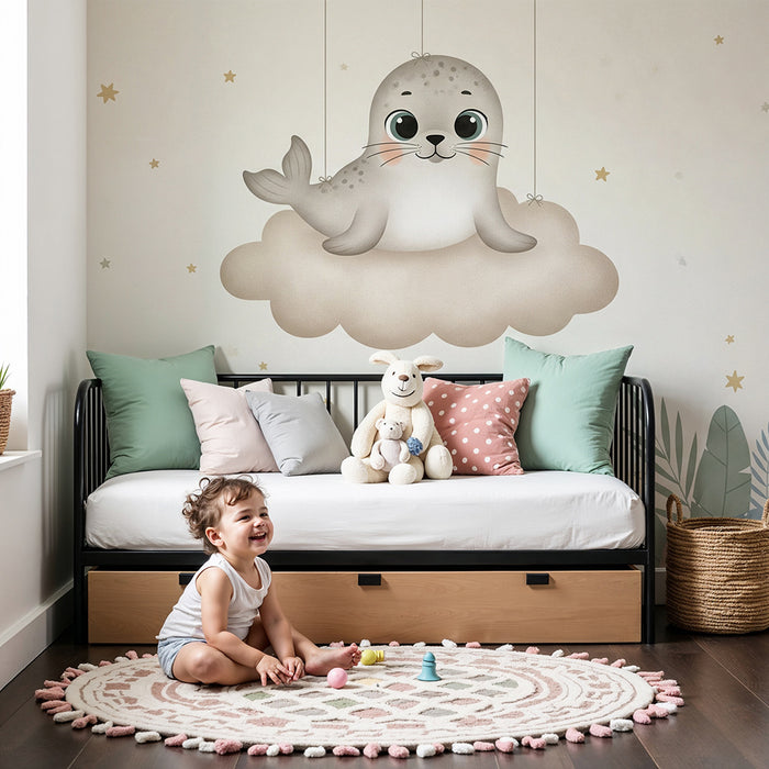 Børneværelse tapet | Sød sæl på en sky