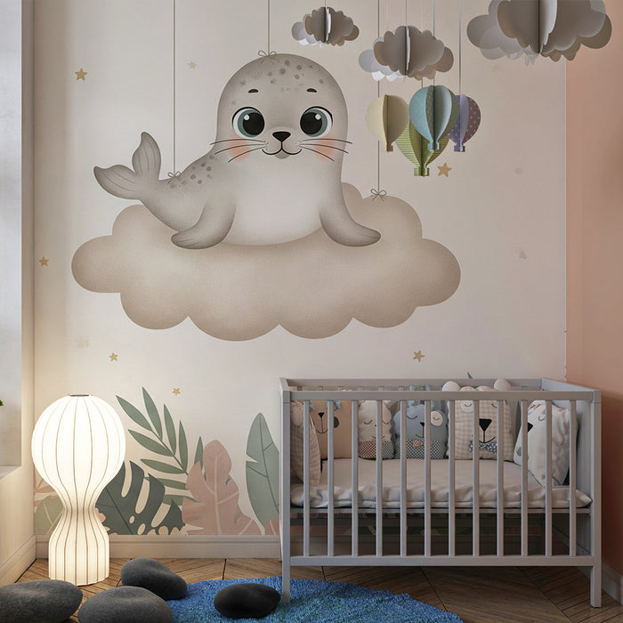 Børneværelse tapet | Sød sæl på en sky