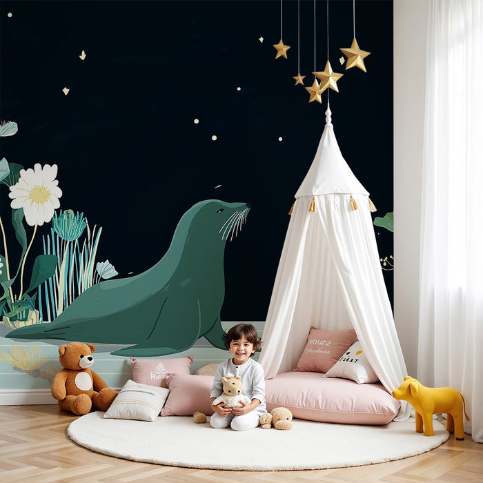 Papel de parede quarto bebê | Foca sob as estrelas com uma vegetação marinha