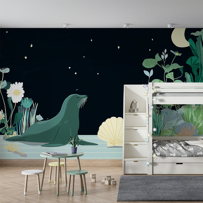 Papel de parede quarto bebê | Foca sob as estrelas com uma vegetação marinha