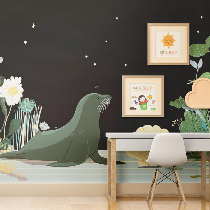 Papel de parede quarto bebê | Foca sob as estrelas com uma vegetação marinha