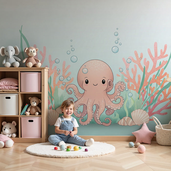Papel de parede quarto bebê | Polvo e corais em fundo azul degradê