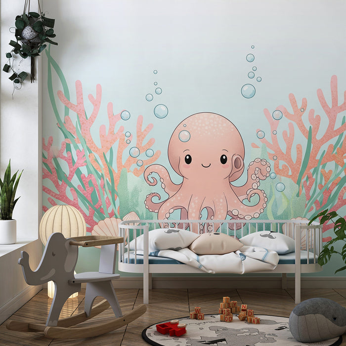 Papel de parede quarto bebê | Polvo e corais em fundo azul degradê