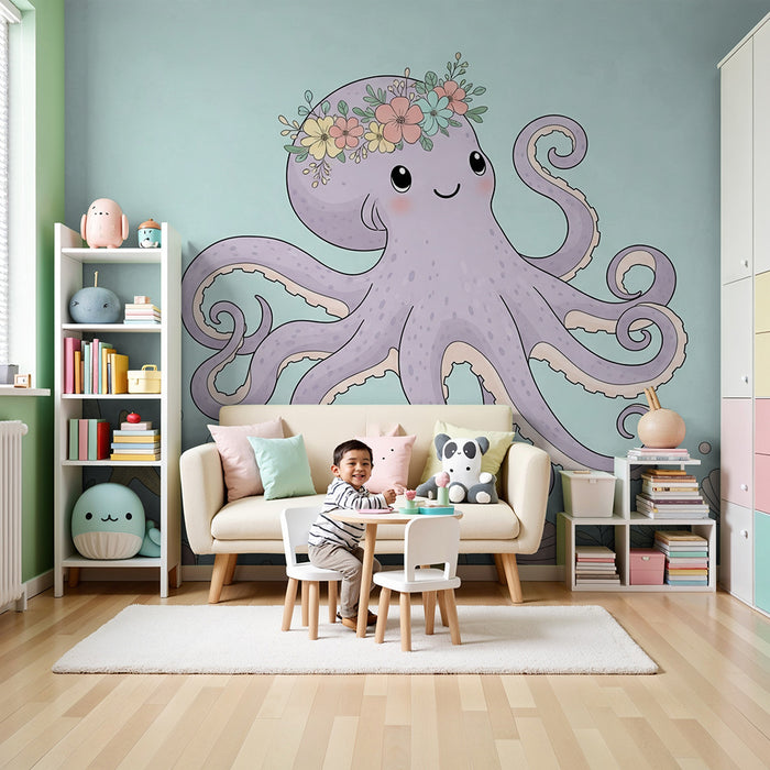 Børneværelse tapet | Sød blæksprutte med farverige blomster og skaller