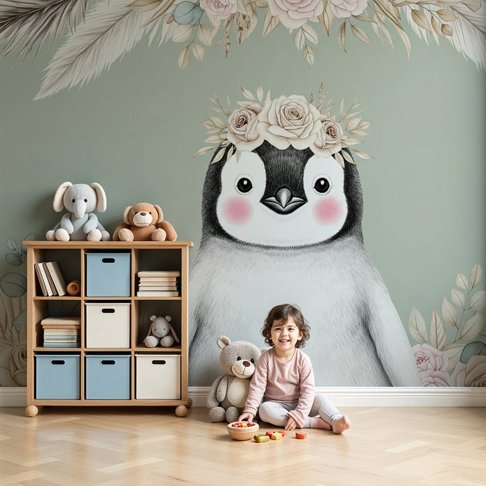 Papel de parede quarto bebê | Pinguim adorável com coroa de flores em fundo verde sálvia