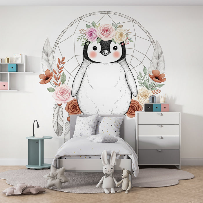 Papel de parede quarto bebê | Pinguim adorável com flores e apanhador de sonhos