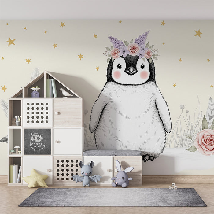 Papel de parede quarto bebê | Adorável pinguim com flores e estrelas