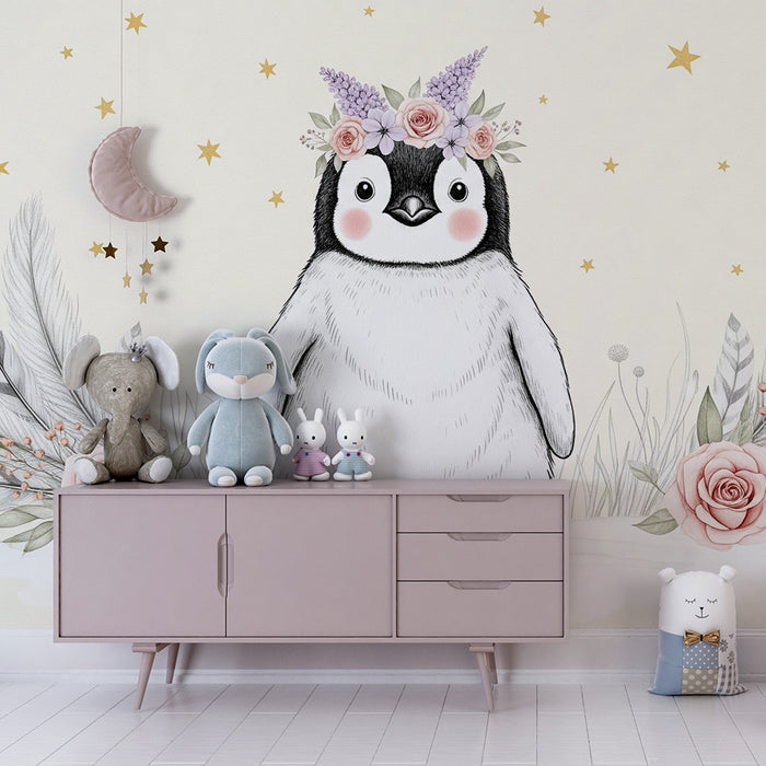 Papel de parede quarto bebê | Adorável pinguim com flores e estrelas