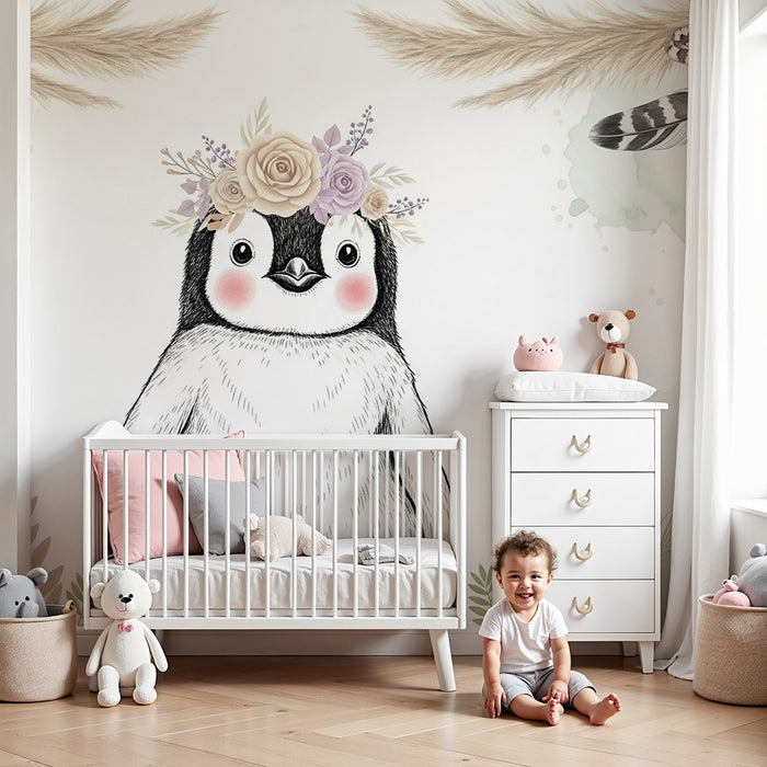 Papel de parede quarto bebê | Pinguim adorável com uma coroa de flores
