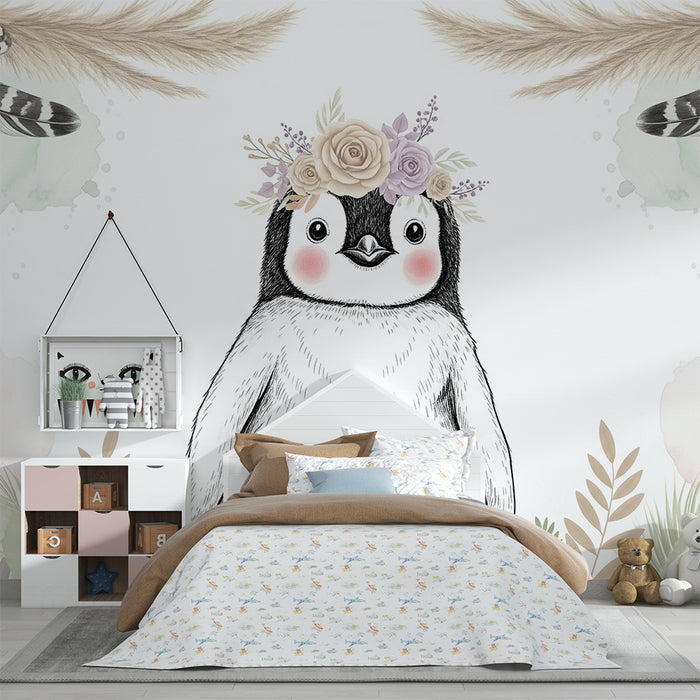 Papel de parede quarto bebê | Pinguim adorável com uma coroa de flores