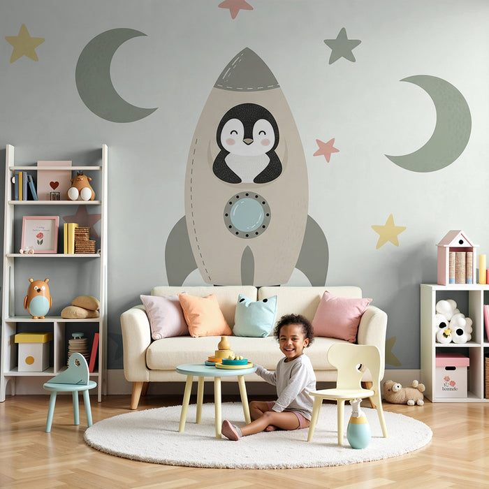 Papier peint chambre bébé | Pingouin astronauta et étoiles