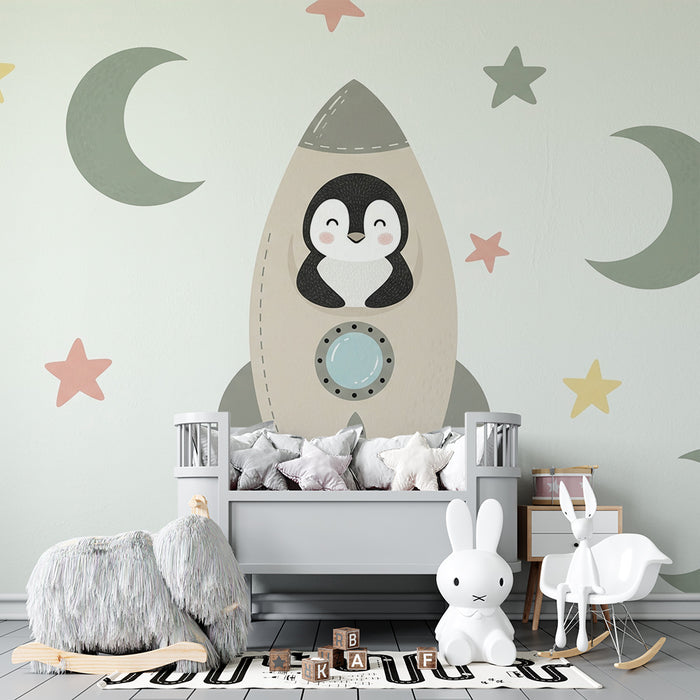 Papier peint chambre bébé | Pingouin astronauta et étoiles