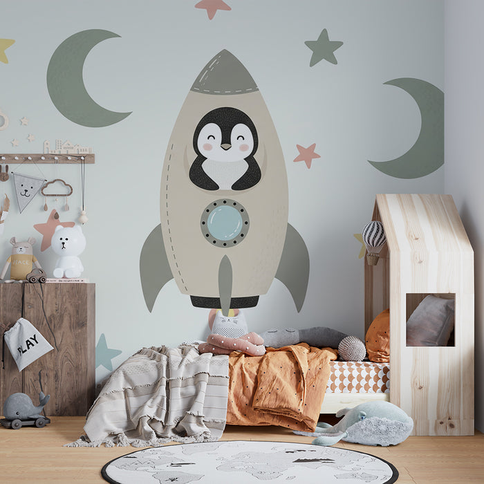 Papier peint chambre bébé | Pingouin astronauta et étoiles