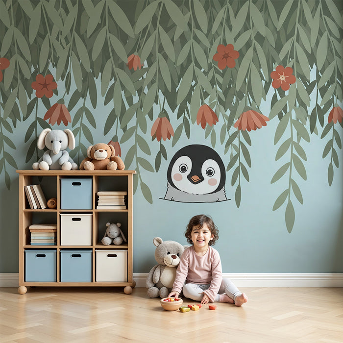 Papel de parede quarto bebê | Pinguim curioso sob folhagem florida