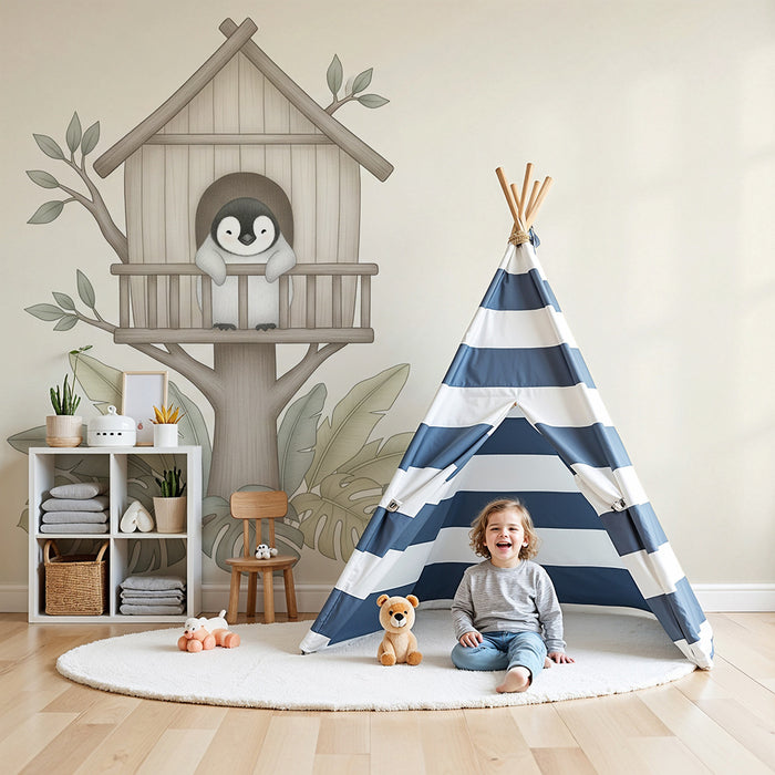 Papier peint chambre bébé | Pingouin dans sa cabane dans les arbres