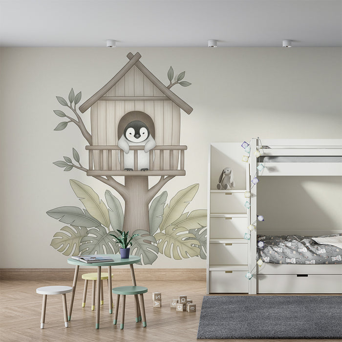 Papier peint chambre bébé | Pingouin dans sa cabane dans les arbres