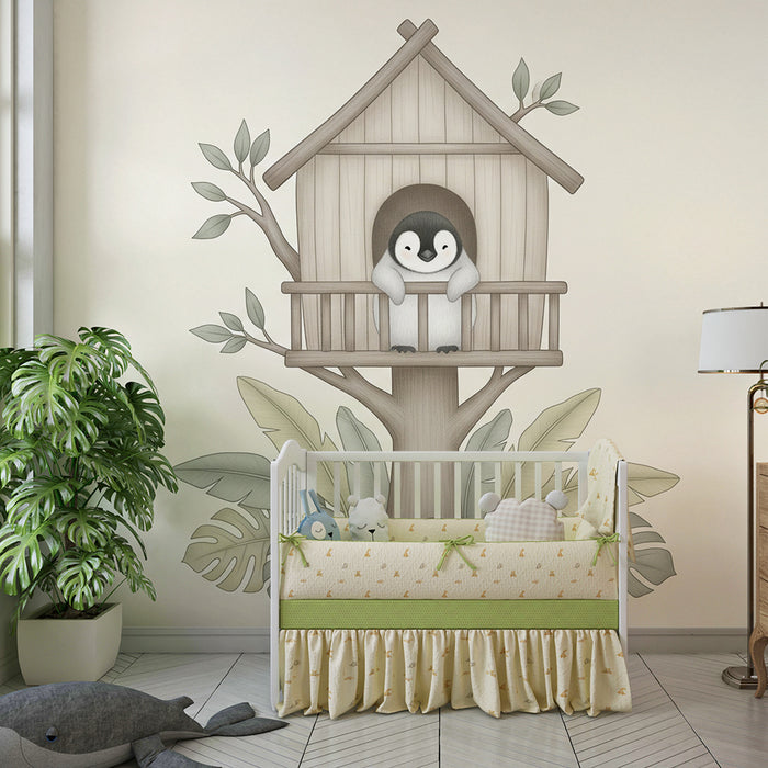 Papier peint chambre bébé | Pingouin dans sa cabane dans les arbres
