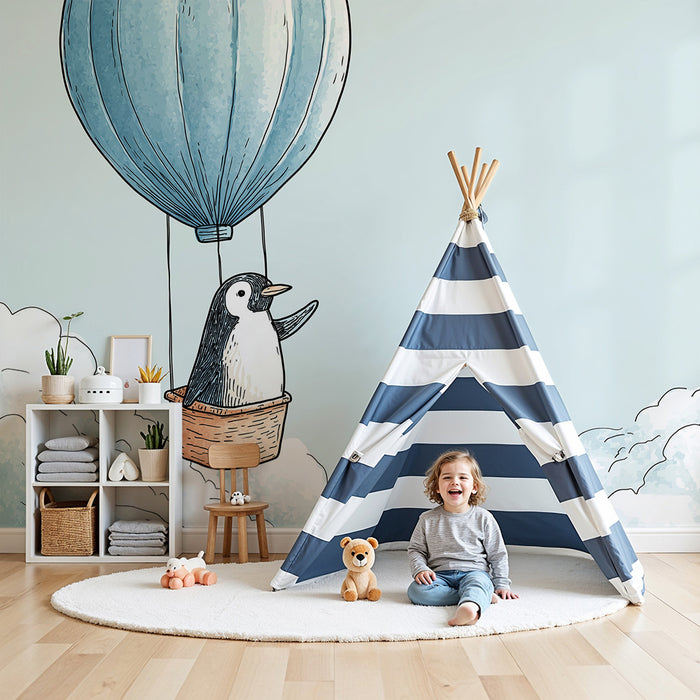 Papel de parede quarto bebê | Пингвин във въздушен балон над облаците