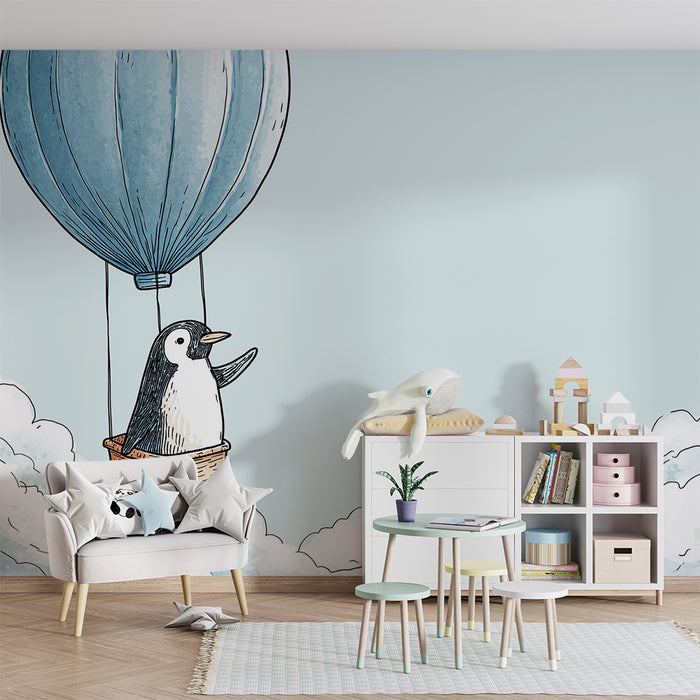 Papel de parede quarto bebê | Пингвин във въздушен балон над облаците