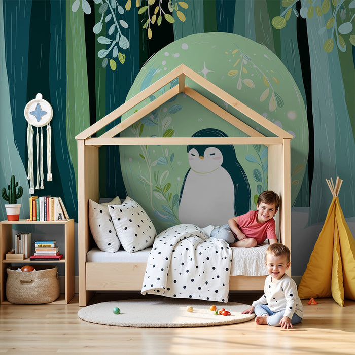 Papier peint chambre bébé | Pingouin dans une boule à neige au milieu d'une forêt enchantée