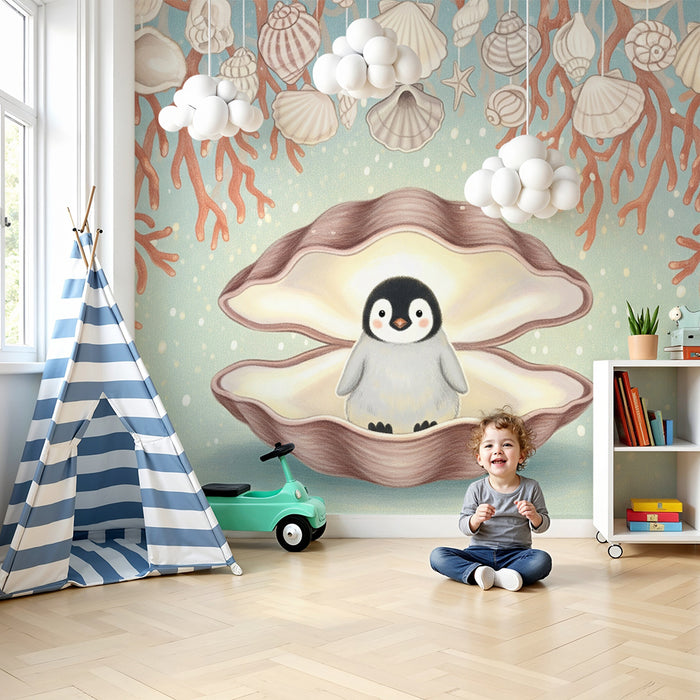Papier peint chambre bébé | Pingouin dans une coquille et décor marin