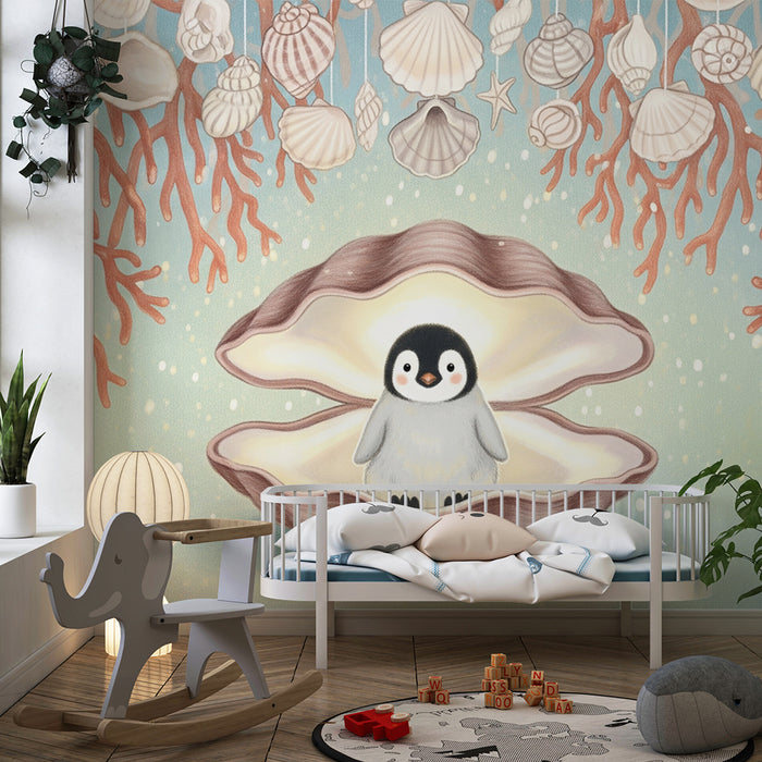 Papier peint chambre bébé | Pingouin dans une coquille et décor marin