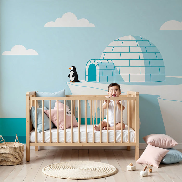 Papier peint chambre bébé | Pingouin devant un igloo sur fond bleu