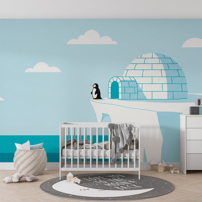 Papier peint chambre bébé | Pingouin devant un igloo sur fond bleu