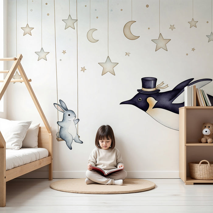 Tapet barnerom | Elegant pingvin og kanin i en stjernehimmel
