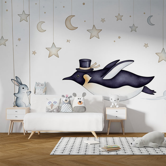 Tapet barnerom | Elegant pingvin og kanin i en stjernehimmel