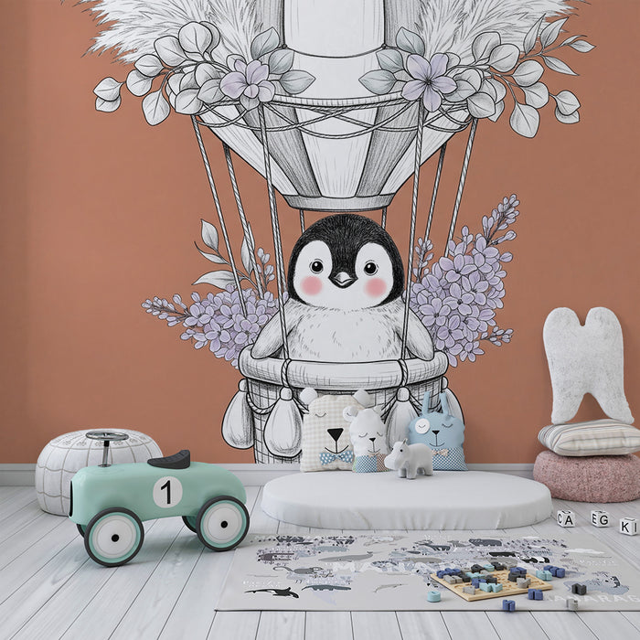 Papel de parede quarto bebê | Pinguim em balão de ar quente com flores