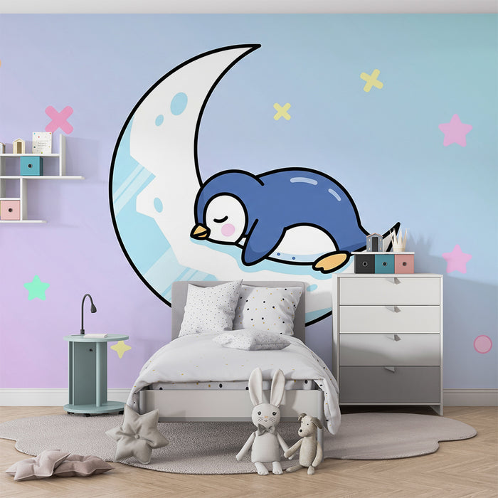 Papel de parede quarto bebê | Pinguim dormindo em um croissant de lua pastel