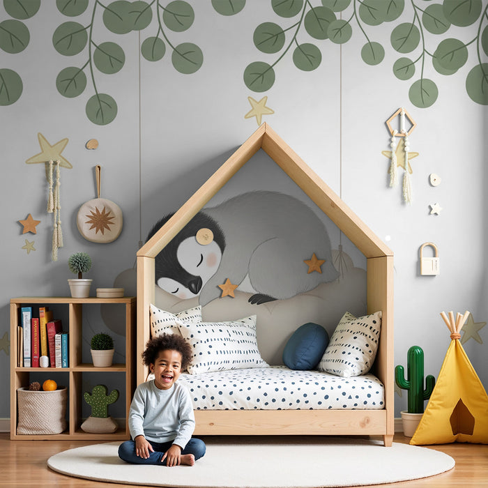 Lastenhuoneen tapetti | Nukkuva pingviini pilvellä