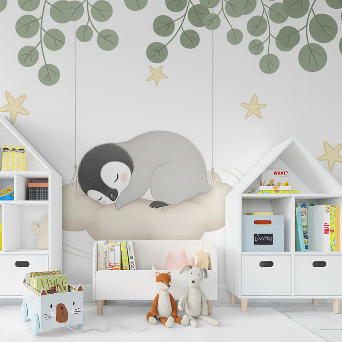 Lastenhuoneen tapetti | Nukkuva pingviini pilvellä