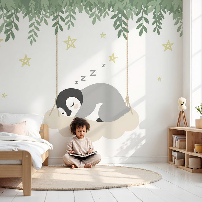 Tapet za bebe sobu | Sanjivi pingvin na bež oblaku