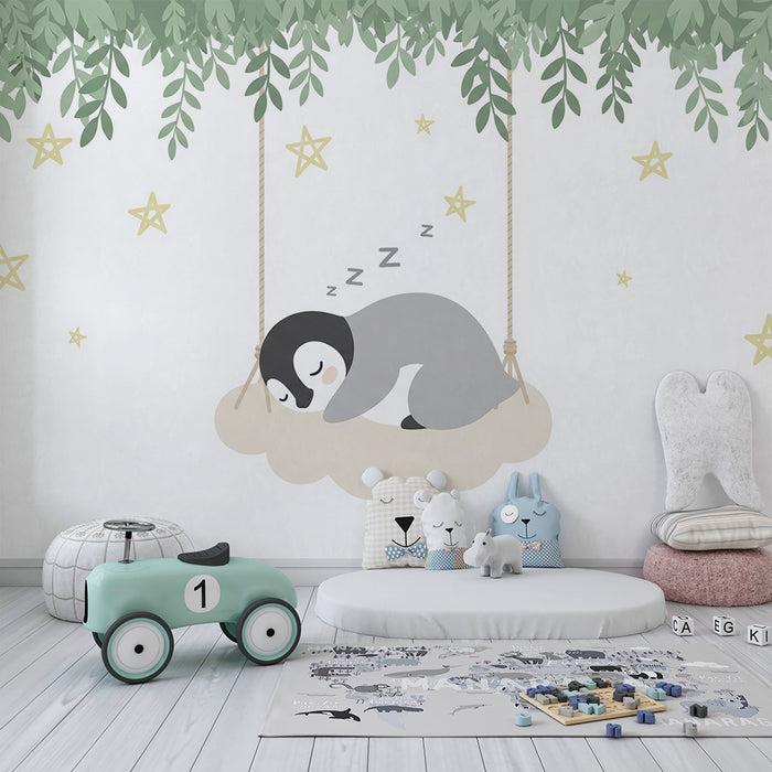Tapet za bebe sobu | Sanjivi pingvin na bež oblaku
