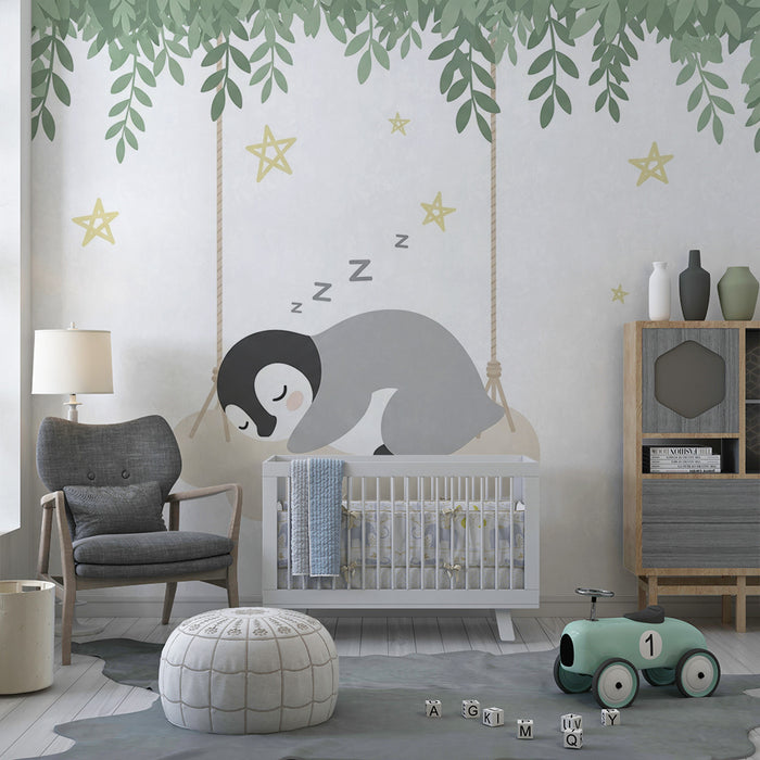 Tapet za bebe sobu | Sanjivi pingvin na bež oblaku