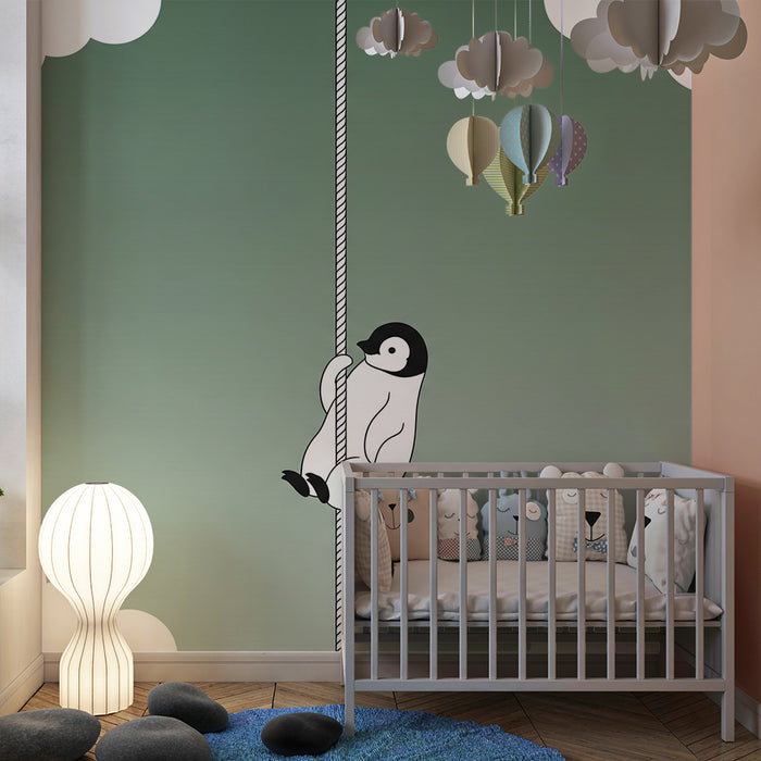 Papier peint chambre bébé | Pingouin espiègle grimpant sur une corde sous un ciel étoilé