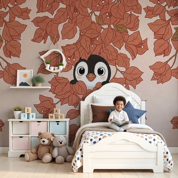 Papel de parede quarto bebê | Pinguim travesso entre as folhas
