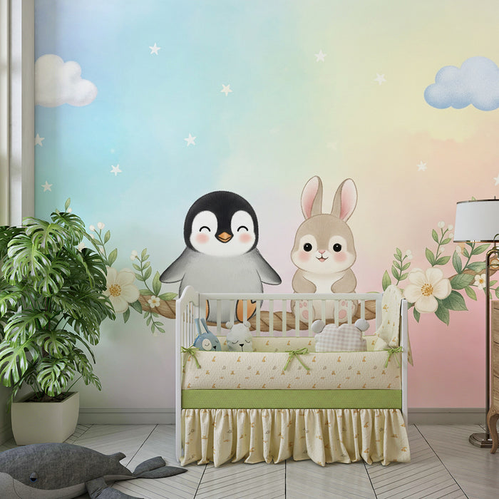 Tapet barnerom | Pingvin og kanin på en blomsterhuske