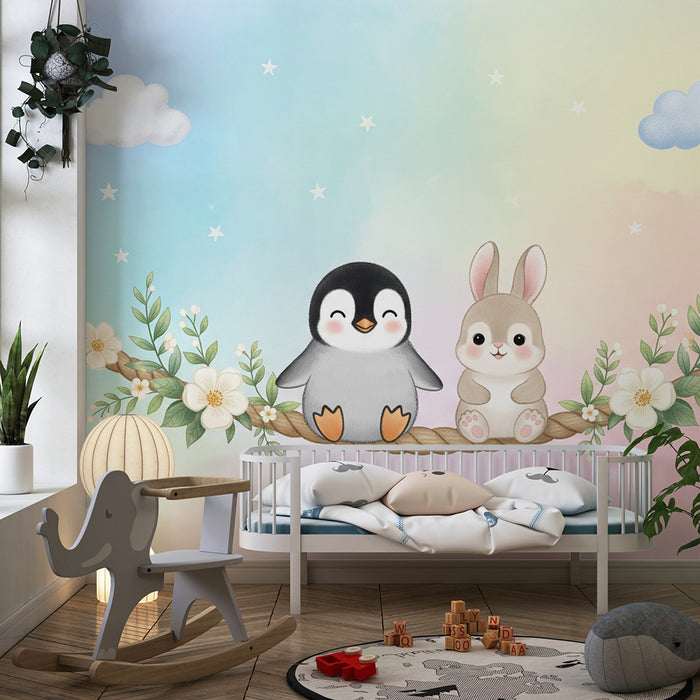 Tapet barnerom | Pingvin og kanin på en blomsterhuske