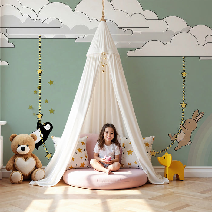Nursery Wallpaper | Penguins and Rabbits Floating Among the Clouds