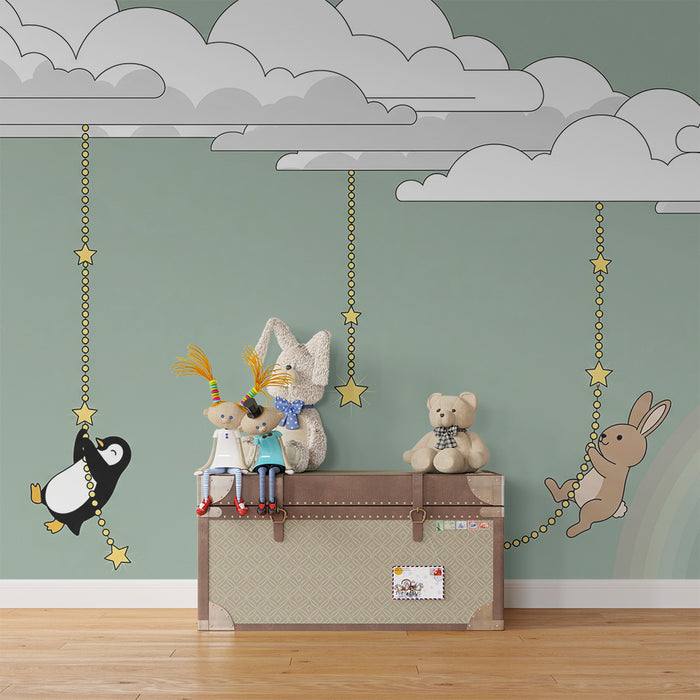 Nursery Wallpaper | Penguins and Rabbits Floating Among the Clouds
