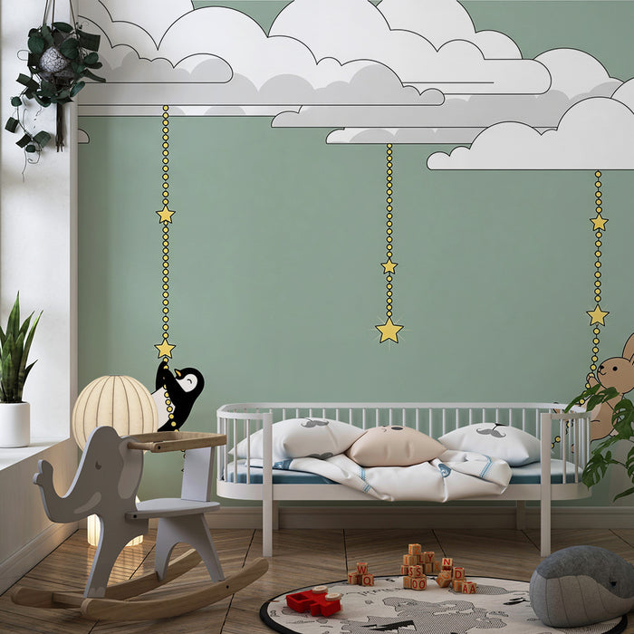 Nursery Wallpaper | Penguins and Rabbits Floating Among the Clouds