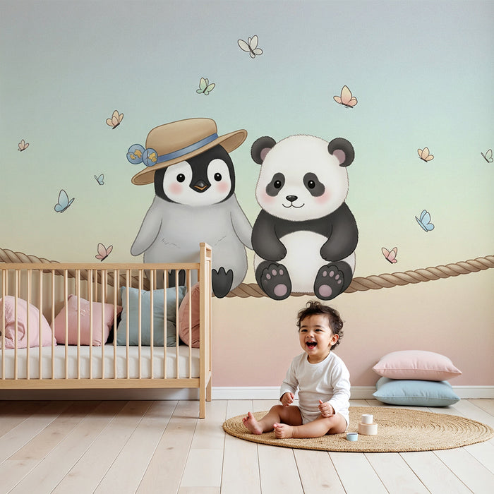 Papel de parede quarto bebê | Amigos pinguim e panda sob borboletas
