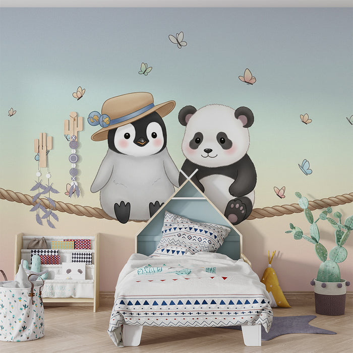 Papel de parede quarto bebê | Amigos pinguim e panda sob borboletas