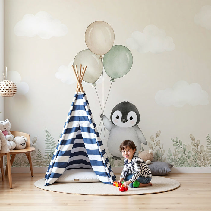 Papier peint chambre bébé | Pingouin joyeux avec des ballons